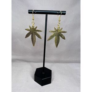Handmade Gold Large Pot Leaf Dangly Earrings With Black Detailing